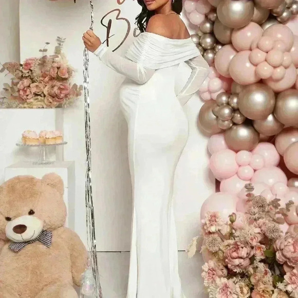 White Elegant Women's Maternity Off Shoulder Foldover Front Floor Length Dress - Picture 2 of 6